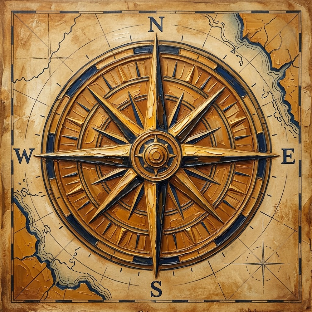 Ancient Meridian Nautical Compass Wall Art Ochre & Navy Art Print