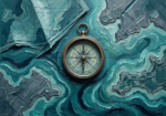 Deep teal nautical art prints featuring an antique compass, map textures, and abstract coastlines