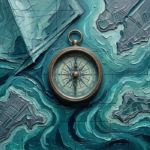 Deep teal nautical art prints featuring an antique compass, map textures, and abstract coastlines
