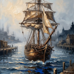 Walnut and blue vintage nautical artwork featuring an antique ship in a misty historical harbor