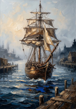Walnut and blue vintage nautical artwork featuring an antique ship in a misty historical harbor