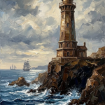 Walnut and blue vintage nautical artwork featuring a lighthouse above cobalt waves and rugged cliffs