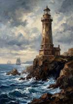 Walnut and blue vintage nautical artwork featuring a lighthouse above cobalt waves and rugged cliffs