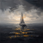 Charcoal and gold nautical wall art for living room featuring a sailboat beneath a luminous horizon