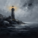 Charcoal and gold nautical wall art for living room featuring a lighthouse above dark coastal cliffs