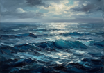 Peacock blue ocean artwork featuring powerful rolling waves and a distant turquoise horizon