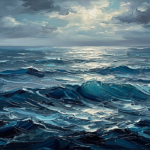 Peacock blue ocean artwork featuring powerful rolling waves and a distant turquoise horizon