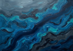 Peacock blue ocean artwork featuring aerial turquoise currents and deep underwater formations