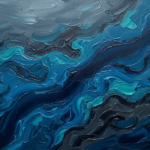 Peacock blue ocean artwork featuring aerial turquoise currents and deep underwater formations