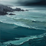 Deep teal ocean wall art featuring soft waves, a distant rocky shoreline, and morning mist