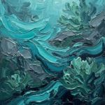 Deep teal ocean wall art featuring underwater currents, coral forms, and submerged rocks