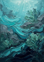 Deep teal ocean wall art featuring underwater currents, coral forms, and submerged rocks