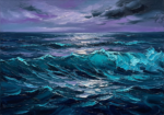 Deep peacock and plum ocean canvas wall art featuring twilight waves and turquoise reflections