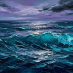 Deep peacock and plum ocean canvas wall art featuring twilight waves and turquoise reflections