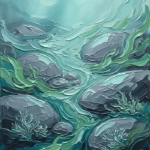 Sea-glass ocean prints featuring teal underwater currents, smooth stones, and pale aqua light