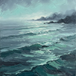 Sea-glass ocean prints featuring layered teal waves, a rocky coastline, and soft morning mist