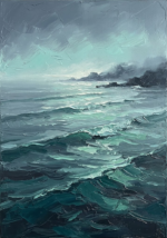 Sea-glass ocean prints featuring layered teal waves, a rocky coastline, and soft morning mist