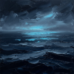 Prussian Night large ocean wall art featuring a dark sea, stormy sky, and luminous cyan horizon