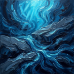 Prussian Night large ocean wall art featuring underwater currents, slate rocks, and electric cyan light