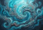 Turquoise and coral abstract ocean artwork featuring aerial currents and organic marine formations