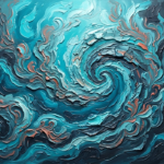 Turquoise and coral abstract ocean artwork featuring aerial currents and organic marine formations