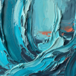 Turquoise and coral abstract ocean artwork featuring towering currents and luminous cyan wave forms