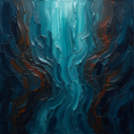 Prussian and rust abstract art ocean featuring descending turquoise channels and canyon-like currents