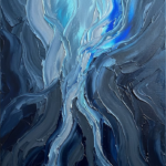 Silver and cobalt ocean abstract wall art featuring towering deep-sea currents and midnight shadows
