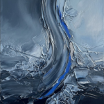 Silver and cobalt ocean abstract wall art featuring a frozen-looking wave column and graphite shadows