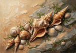Clay and moss seashell wall art featuring spiral shells and layered coastal textures for elegant interiors