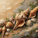 Clay and moss seashell wall art featuring spiral shells and layered coastal textures for elegant interiors