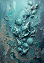 Sea Glass Modern seashell canvas art featuring delicate shells with flowing marine textures for elegant coastal interiors