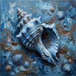 Powder Blue and Cocoa framed seashell prints featuring an oversized sculptural seashell with layered coastal textures for elegant interiors