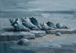 Dusty Blue Gallery framed seashell wall art featuring sculptural seashells along a textured coastal shoreline for elegant interiors