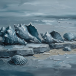 Dusty Blue Gallery framed seashell wall art featuring sculptural seashells along a textured coastal shoreline for elegant interiors