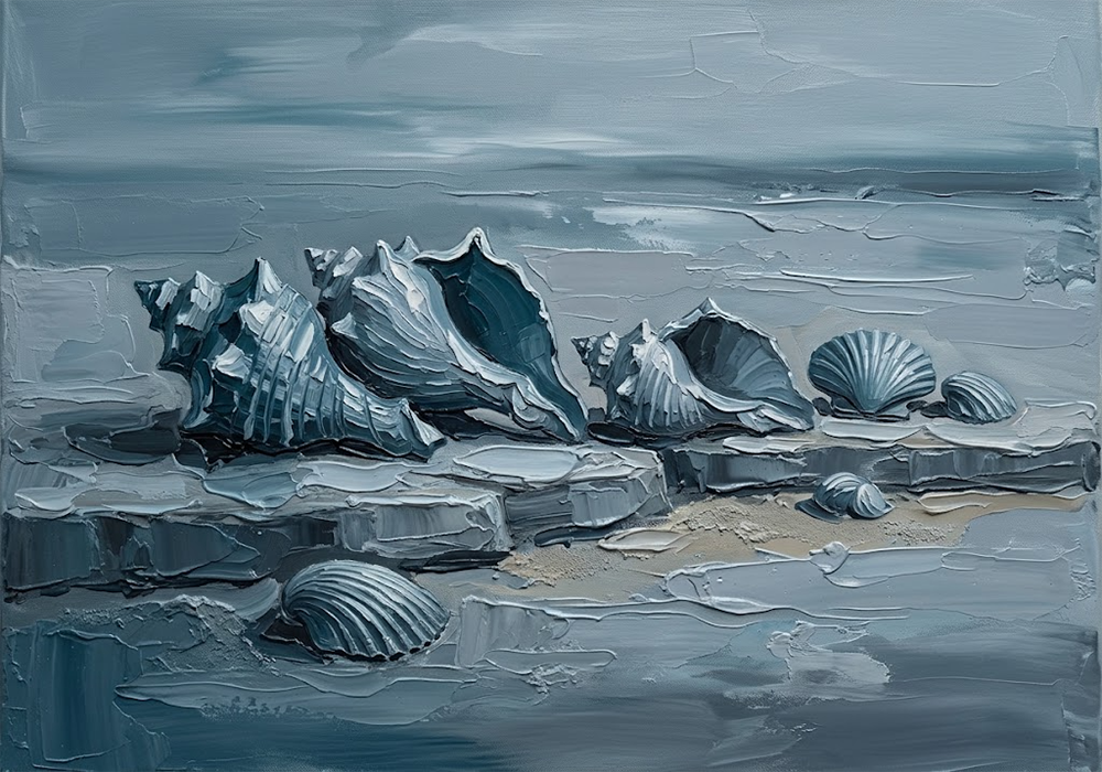 Harbor Shells Framed Seashell Wall Art Dusty Blue Gallery Art Print