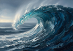 Peacock blue ocean wave artwork featuring a towering curling breaker with dramatic coastal movement for elegant interiors