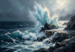 Peacock blue ocean wave artwork featuring crashing surf against rugged coastal rocks for elegant interiors