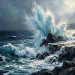 Peacock blue ocean wave artwork featuring crashing surf against rugged coastal rocks for elegant interiors