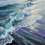 Glacier and plum large wave painting featuring a sweeping shorebreak wave over reflective wet sand for elegant coastal interiors