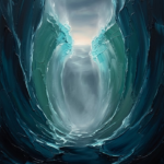 Deep teal editorial sea wave wall art featuring towering symmetrical ocean waves forming a luminous coastal corridor for elegant interiors
