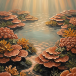 Clay and moss coral reef framed art print featuring a tranquil underwater lagoon with golden coral clusters and terracotta reef details for elegant interiors