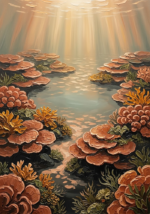 Clay and moss coral reef framed art print featuring a tranquil underwater lagoon with golden coral clusters and terracotta reef details for elegant interiors