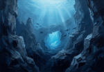 Prussian Night deep sea wall art print featuring a mysterious underwater canyon with dark blue ocean depths and glowing marine passage