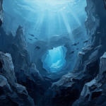 Prussian Night deep sea wall art print featuring a mysterious underwater canyon with dark blue ocean depths and glowing marine passage