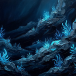 Prussian Night deep sea wall art print featuring glowing bioluminescent marine plants, dark ocean depths, and mysterious underwater rock formations