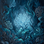 Peacock Editorial underwater scene wall art print featuring a glowing underwater garden with coral-like formations, marine plants, and deep blue ocean tones