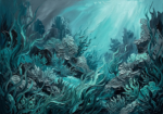 Deep teal under water wall art featuring an expansive underwater forest with layered reef formations for elegant interiors
