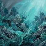 Deep teal under water wall art featuring an expansive underwater forest with layered reef formations for elegant interiors