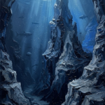 Silver and cobalt underwater art prints featuring a dramatic deep sea canyon with towering rock formations for elegant interiors